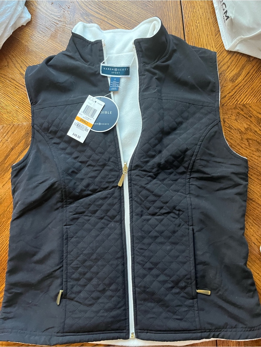 Karen Scott Black Quilted Sleeveless Vest with White Trim